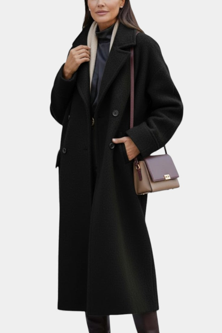 Camile Long Oversized Double-Breasted Coat with Notched Collar