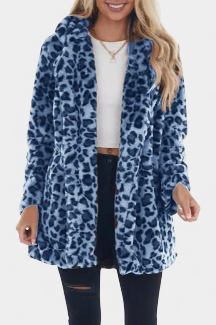 Énola Long Leopard Print Faux Fur Coat with Pockets