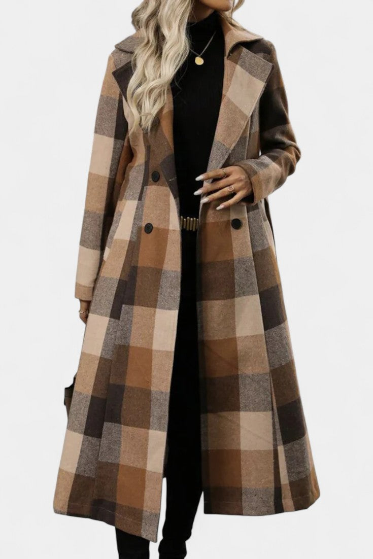 Mélissandre Long Check Coat with Double Breasted and Notched Collar