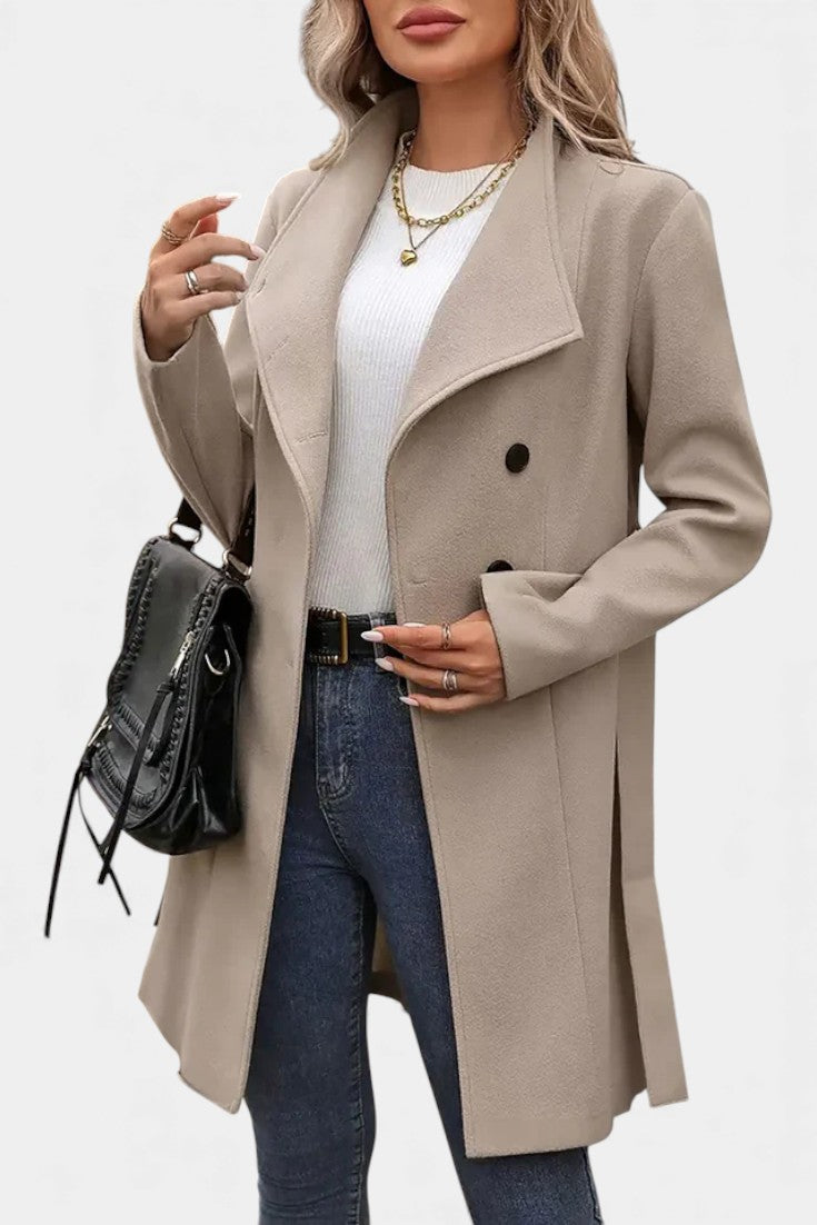 Yuliana Long Coat with Buttons and Tied Waist