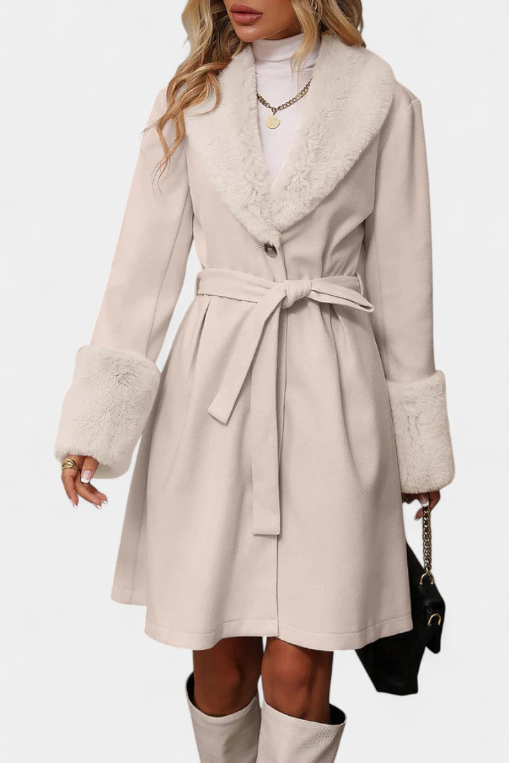 Colombine Trapeze Coat with Belt and Faux Fur Details