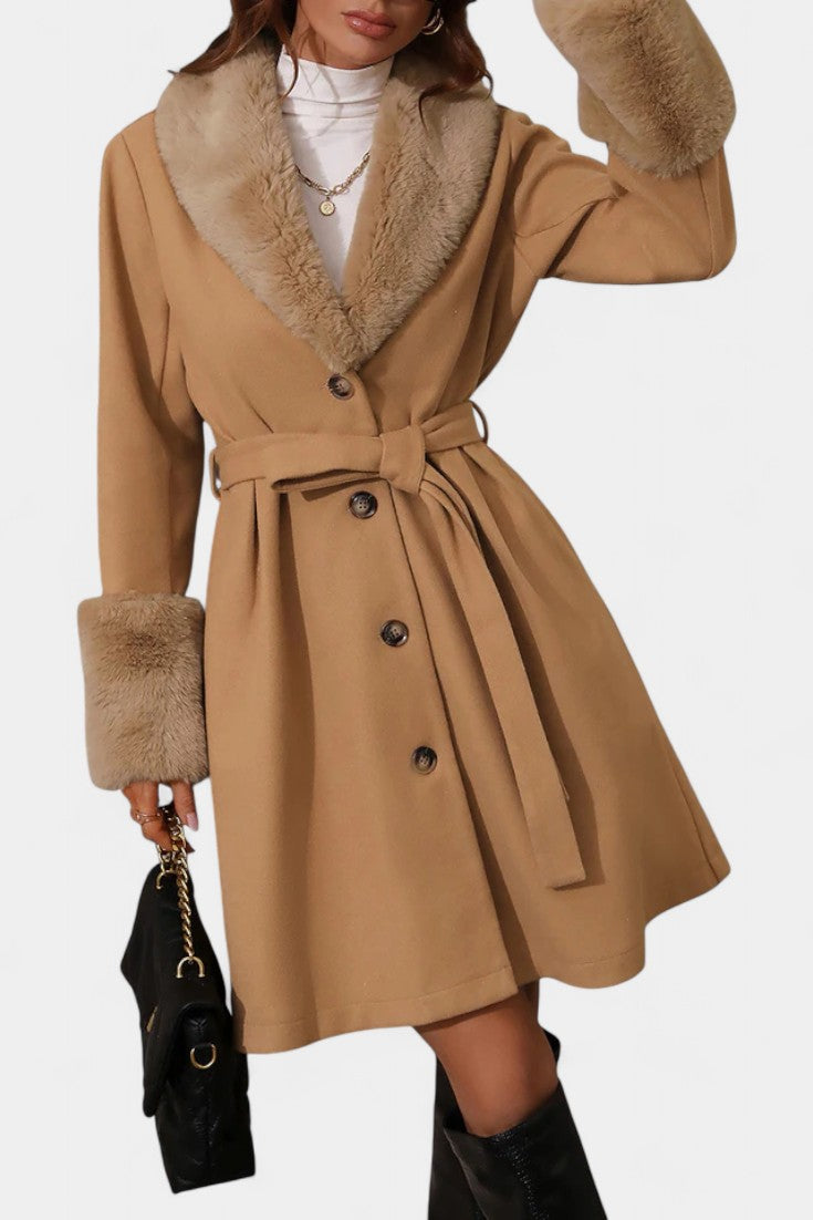 Colombine Trapeze Coat with Belt and Faux Fur Details