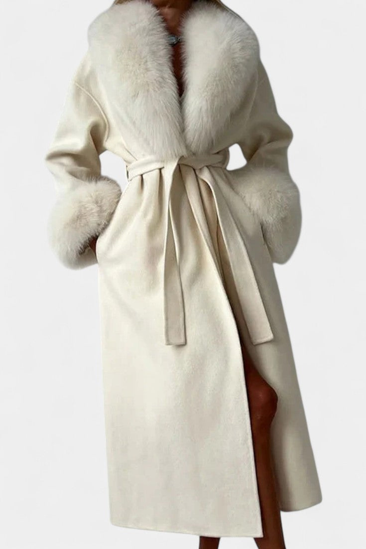 Lalie Long Belted Coat with Faux Fur Trim