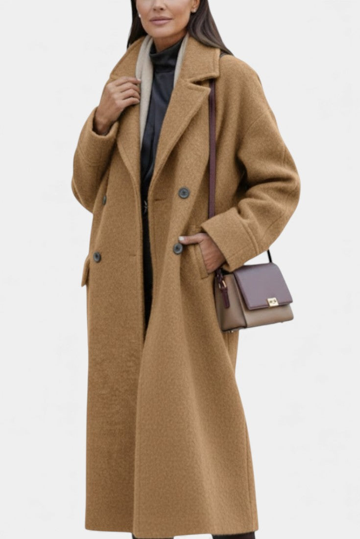 Camile Long Oversized Double-Breasted Coat with Notched Collar