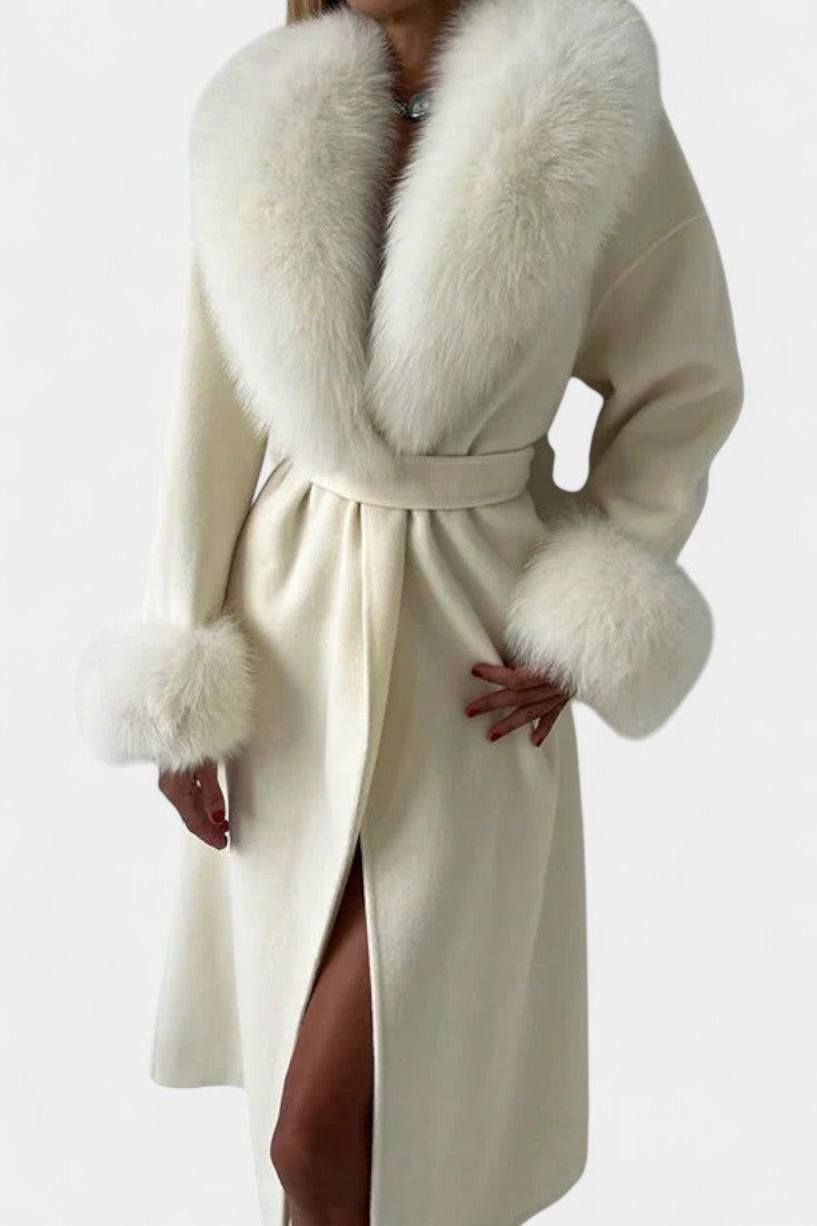 Lalie Long Belted Coat with Faux Fur Trim