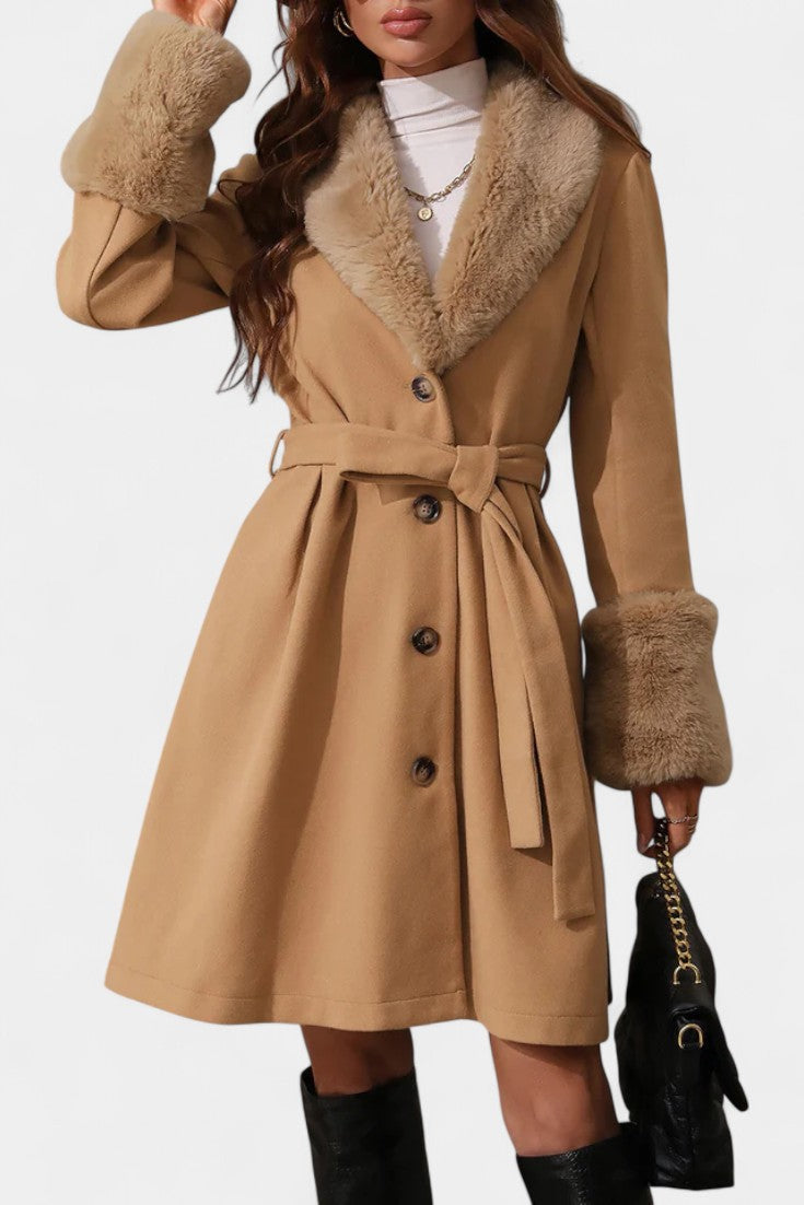 Colombine Trapeze Coat with Belt and Faux Fur Details