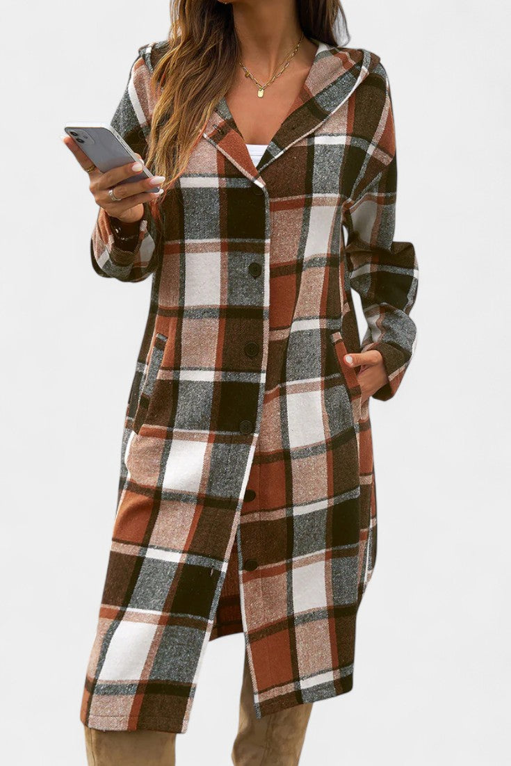 Sandrine Brushed Check Hooded Jacket with Button Closure