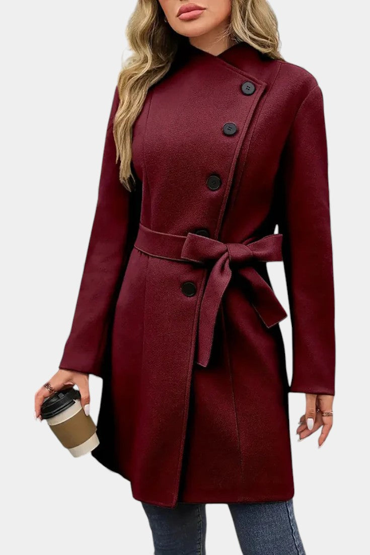 Yuliana Long Coat with Buttons and Tied Waist