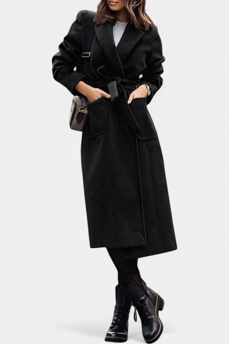 Capucine Belted Coat with Notched Collar and Pockets
