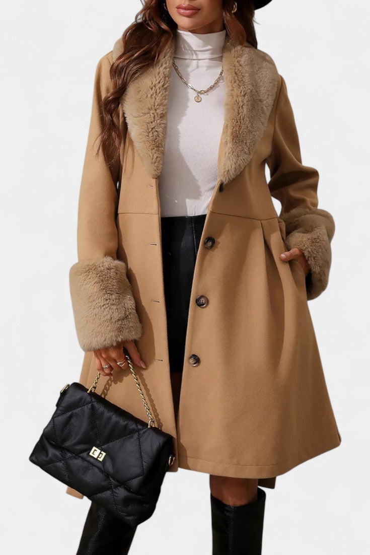 Colombine Trapeze Coat with Belt and Faux Fur Details