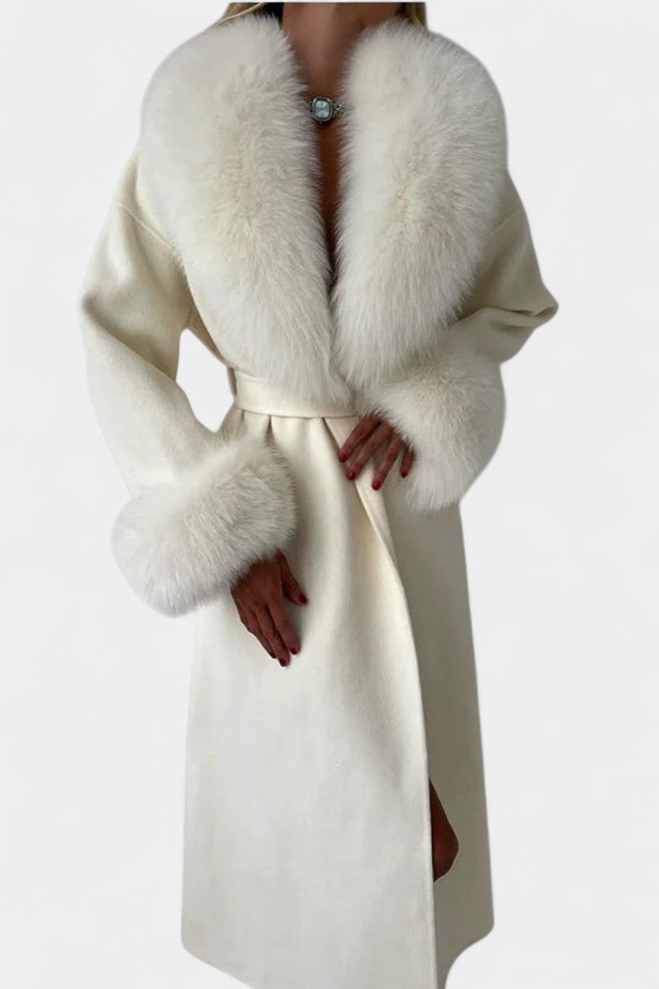 Lalie Long Belted Coat with Faux Fur Trim