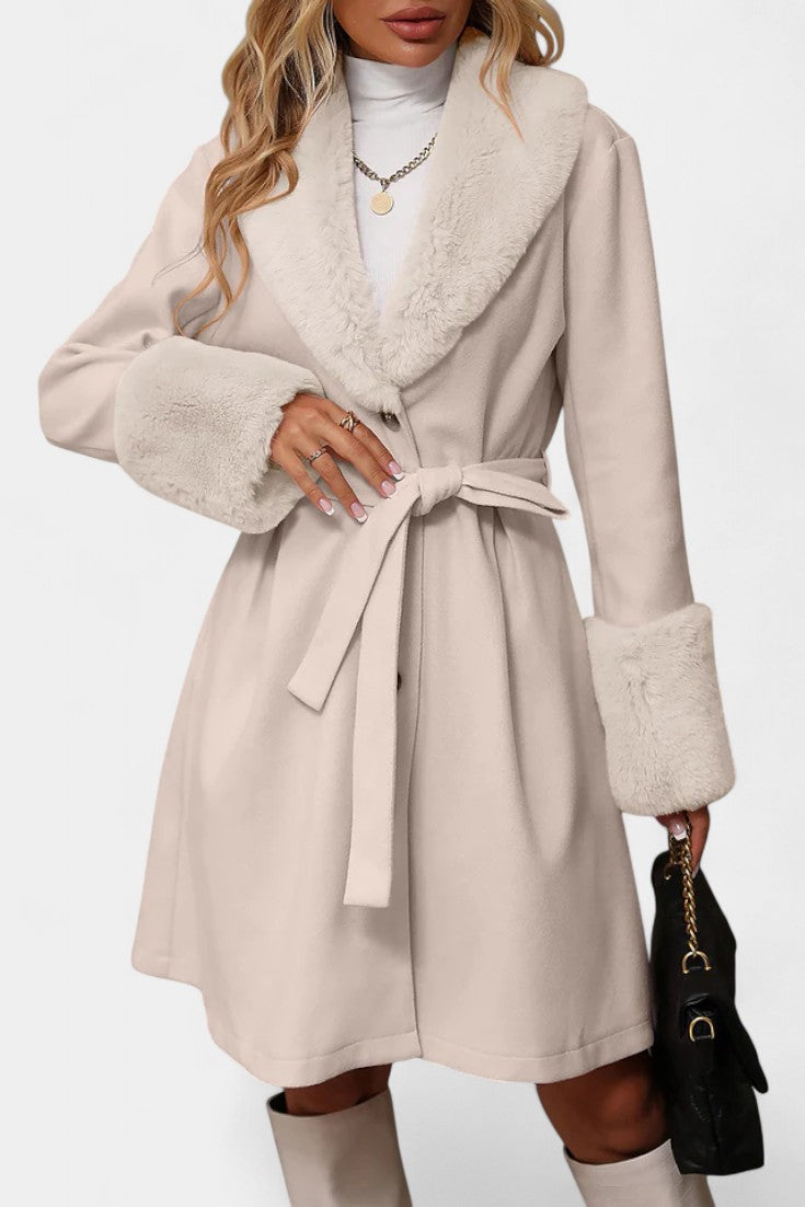 Colombine Trapeze Coat with Belt and Faux Fur Details