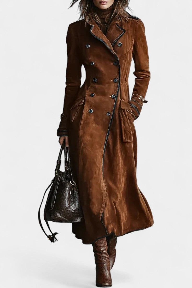 Sandra Long Coat in Suede with Double Breasted and Black Trim
