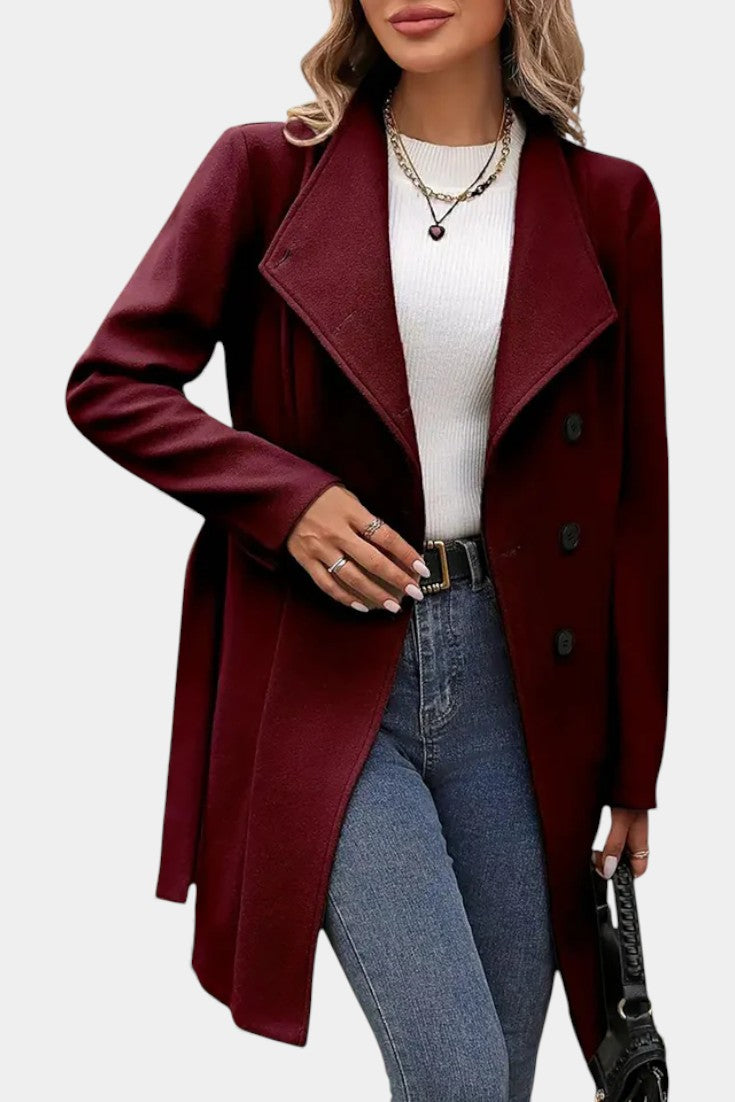 Yuliana Long Coat with Buttons and Tied Waist