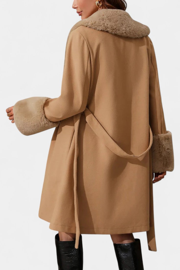Colombine Trapeze Coat with Belt and Faux Fur Details