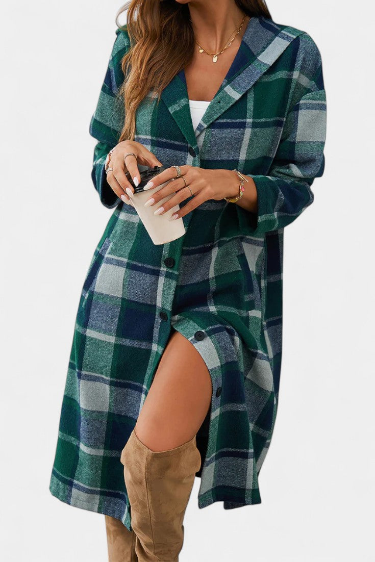 Sandrine Brushed Check Hooded Jacket with Button Closure