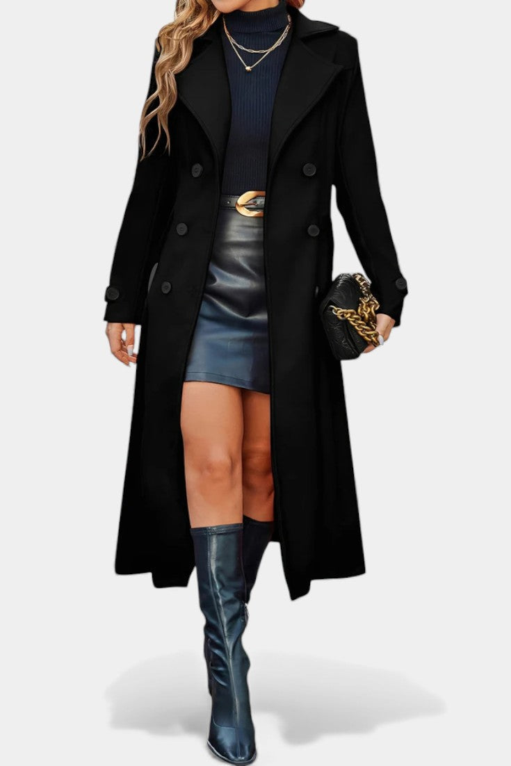 Naissa Long Notched Lapel Double-Breasted Coat