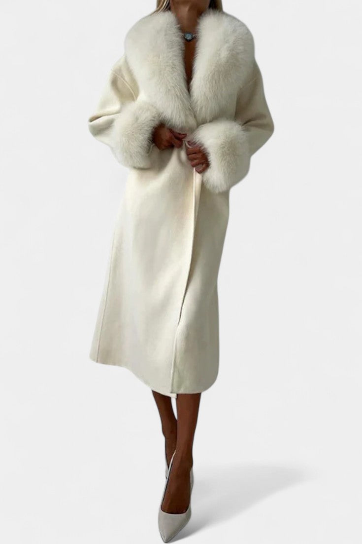 Lalie Long Belted Coat with Faux Fur Trim