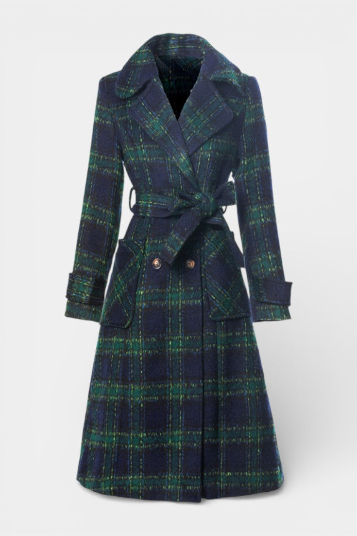 Lara Long Crossed Coat in Blue-Green