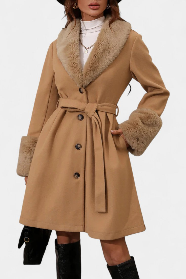 Colombine Trapeze Coat with Belt and Faux Fur Details