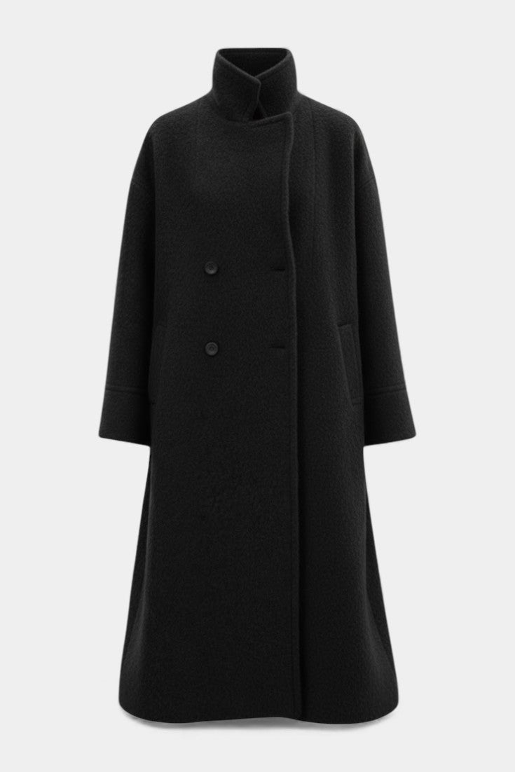 Camile Long Oversized Double-Breasted Coat with Notched Collar