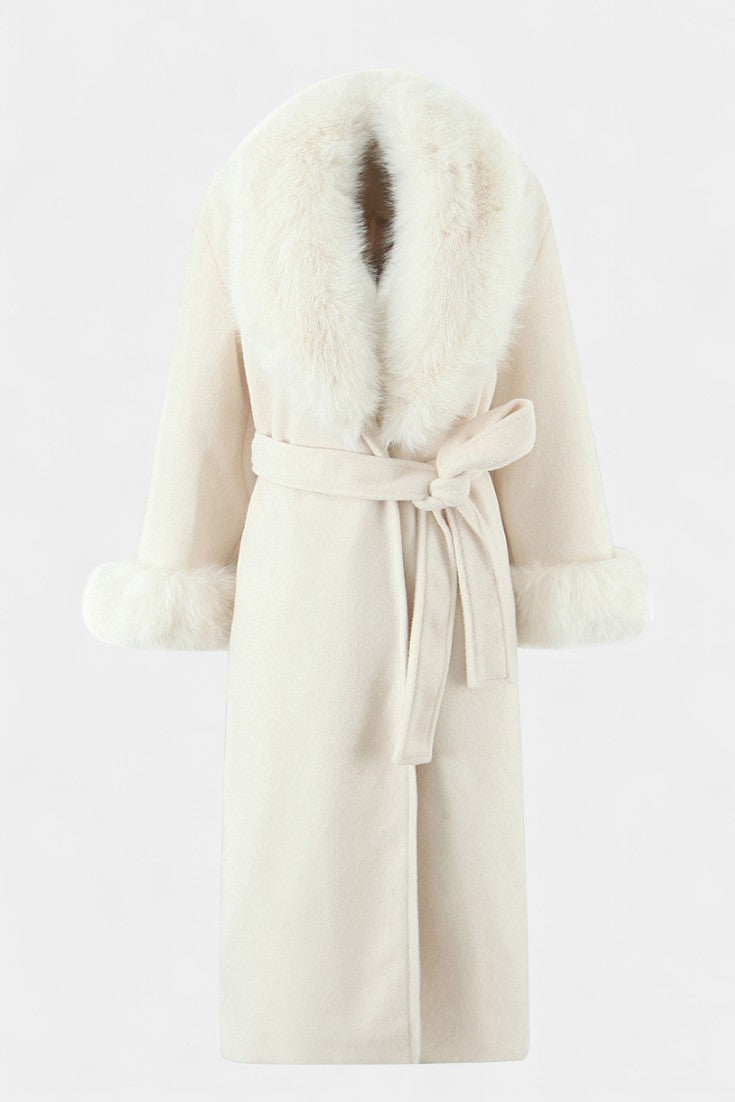 Lalie Long Belted Coat with Faux Fur Trim
