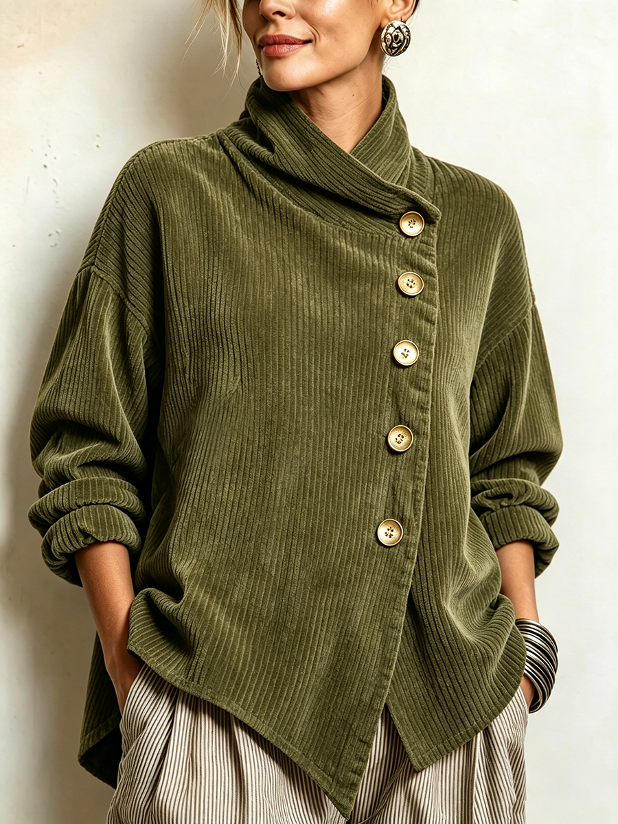 Lucilla | Ribbed Velvet Top with Diagonal Buttoning, Olive Green