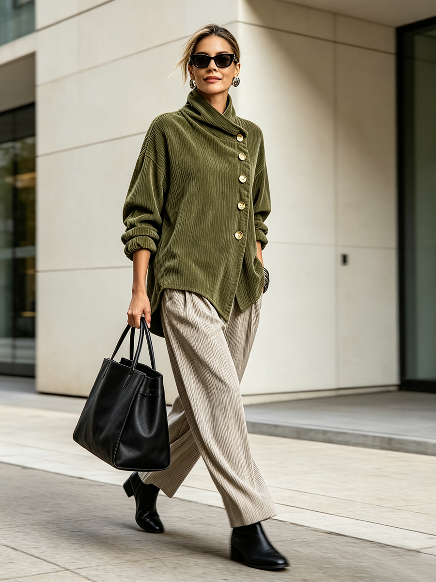 Lucilla | Ribbed Velvet Top with Diagonal Buttoning, Olive Green